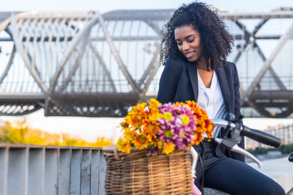 business black woman with vintage bicycle 8X886J8