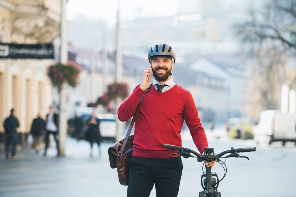 hipster businessman commuter with bicycle and smar XT6SP5B